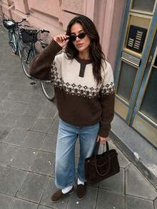 2026 Women's Autumn/Winter New Vintage Fair Isle Jacquard Half-Button Henley Neck Pullover Sweater, Colorblock Patchwork Raglan Sleeves, Loose Lazy Preppy Style Casual Commute Top - Apricot Coffee - View 4
