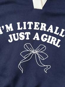 Tween Girl Letter Pattern Embroidered V-Neck Long Sleeve Sweatshirt And Pants - Royal Blue - View 5