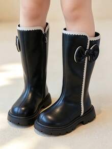 Girls' Black Lace Bow Long Boots | Back Zipper Thick Sole Anti-Slip Style Autumn/Winter Princess Boots - Black - View 5