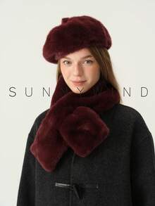 1 Set Women's Solid Color Sweet Elegant Versatile Faux Fur Beret Hat And Scarf Set, Warm For Autumn/Winter, Suitable For Daily Wear - Burgundy - View 6