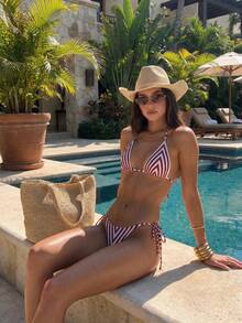Red & White Striped Halter Tie Bikini, Sexy Two-Piece Swimsuit For Beach Vacation - Multicolor - View 1