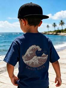 海灘風男嬰「Swell Days」印花寬鬆休閒T恤 - 藏蓝色 - 查看 1