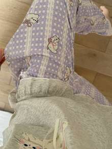 2pcs/Set Women's Pajamas Loungewear Set, Cute Animal Print Pullover Round Neck Short Sleeve Cropped Pants Lace Patchwork Comfortable For Home Wear - Light Grey - View 7
