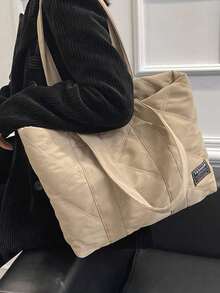 純色輕量學生大學風購物姊妹好友托特包，休閒大容量絎縫細節單肩托特包學生包，開學季大容量輕便攜帶，適合青少年女孩、女性、大學生，適用於大學、中學、高中 - 卡其色 - 查看 7