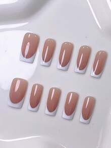 10pcs Handmade Wearable Full Coverage Nail Stickers, Reusable Square Medium Coffee French Style Nail Art Stickers, Suitable For Girls And Office Workers, Minimalist Nail Art - Mocha Brown - View 3