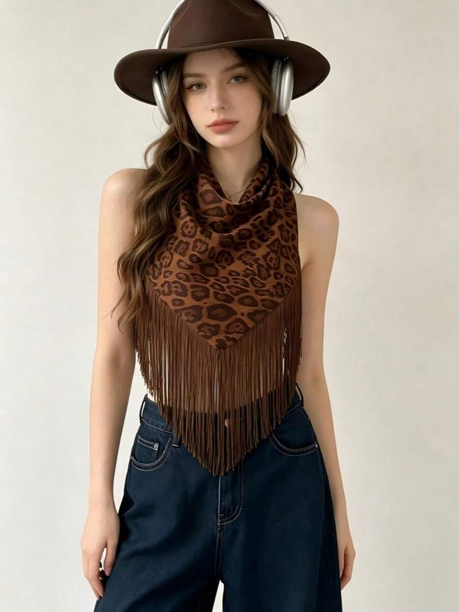 1 Piece Retro Brown Leopard Fringed Triangle Scarf Shawl, - Multicolor - View 1
