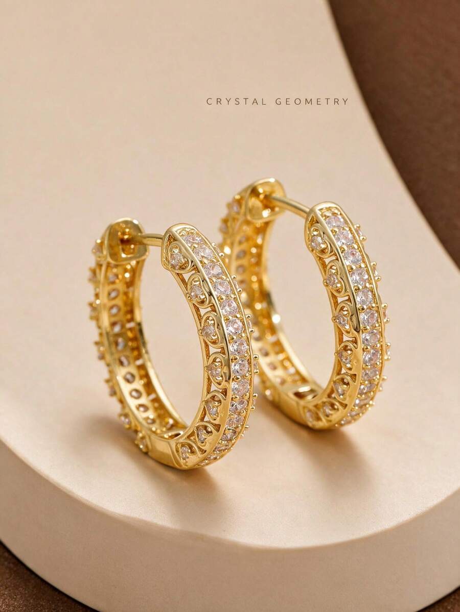 CHICAT Women's Luxury Geometric Heart-Shaped Hoop Earrings, Hollow Design With Double-Row Pave Cubic Zirconia, Exquisite Fashion Jewelry Gift