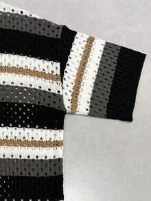 Men's Striped Short Sleeve Hollow Out Casual Knit Top - Black and White - View 7