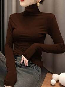 女款高領高領保暖內搭上衣，2024春夏秋冬新款，長袖黑色薄款上衣 - 深咖啡色 - 查看 4