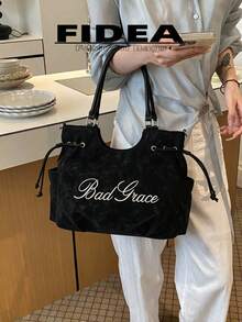 New Women's Matte Embroidered Letter PU Tote Bag, Drawstring Shoulder Large Capacity Commuter Underarm Bag, Casual Daily Work Versatile Handbag Crossbody Bag - Black - View 10