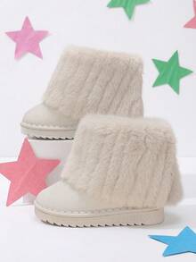 Girls' Fresh Soft Cream White Plush Fold-Over Ankle Boots, Suitable For Winter School And Daily Outdoor Wear - Beige - View 3