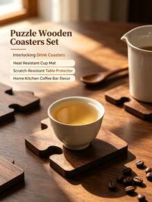 4pcs Puzzle Wooden Coasters Set, Interlocking Jigsaw‑Style Drink Coasters, Heat‑Resistant Scratch‑Proof Table Protector Cup Mats, Decorative Wood Coaster For Tea Coffee Mugs, Home Kitchen Coffee Bar Table Decor Accessories - Multicolor - View 3