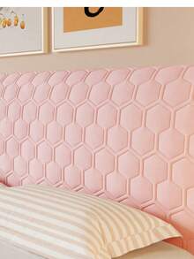 Hexagon Pattern Quilted Soft Bread-Shaped Headboard Cover, Thick Solid Color Dust-Proof Protective Bedding Accessory, All-Season Use, Fixed Back Adhesive, Elastic Stretchable, Removable - Pink - View 11
