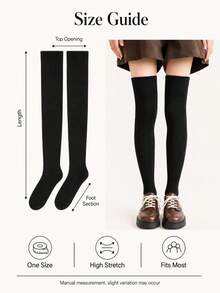 1 Pair Women's Solid Black Over-The-Knee Socks, Soft Stretch Knit Thigh High Socks With Ribbed Cuff For Daily Wear - Black - View 3