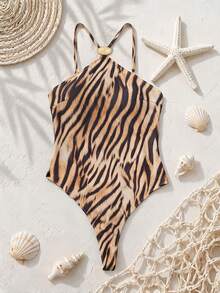 Vintage Polka Dot Blue Thin Strap Deep V High Cut Flattering One Piece Swimsuit For Vacation - Multicolor - View 2
