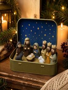 1 Set - Christmas Nativity Scene Set In Tin Box, Christmas Nativity Scene Set, Jesus Statue, Suitable For Holy Family, Statue Tin Box Set, Handmade Small Nativity Scene Set, Holiday Decoration, Gift For Friends, Nativity Scene Set - one-size - View 3