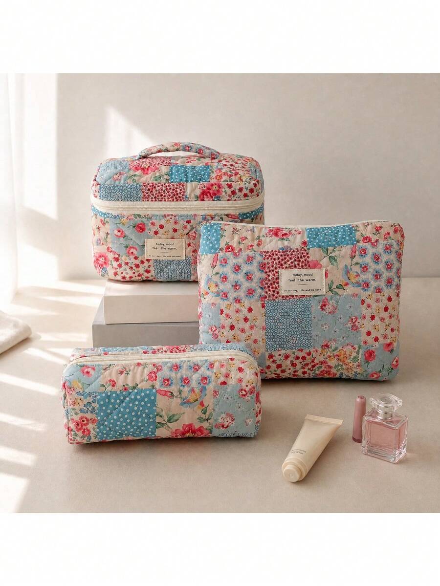 Floral Print Women's Fashion Makeup Bag, Large Capacity Travel Storage Cosmetic Toiletry Bag, Portable Handbag - Multicolor - View 1