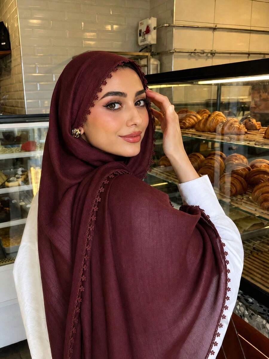 1 buah Hijab Muslim Timbul Multifungsi untuk Wanita, Dapat Digunakan Sebagai Jilbab atau Selendang, Cocok untuk Pemakaian Sehari-hari - Kopi - Gaya Renda - View 1