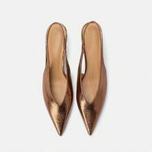 French Style New Pleated Washed Pointed Toe Low Heel Slingback Pumps, Casual Patchwork Design, Suitable For Beach And Office - Gold - View 3