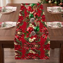 1pc Christmas Red Berry & Pine Branch Print Table Runner, Suitable For Holiday, Party, Birthday, Dinner, Restaurant Table Decor, Christmas Home Decoration - Multicolor - View 5