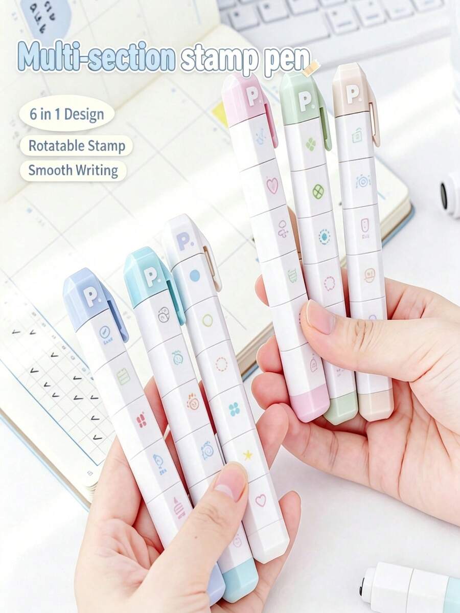Multi-Layer Stamp Pen, Rotatable And Detachable, Multiple Patterns, High Aesthetic, Suitable For Decorating Journals, Notebooks, Planners, Daily Note-Taking And Marking, Compact And Portable, Back To School Stationery, Holiday Gift For Family And Friends - Multiple Styles - View 1