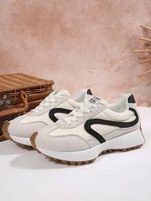 Women Retro Patchwork Lace‑Up Casual Running Sneakers - Beige - View 7
