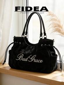 New Women's Matte Embroidered Letter PU Tote Bag, Drawstring Shoulder Large Capacity Commuter Underarm Bag, Casual Daily Work Versatile Handbag Crossbody Bag - Black - View 8