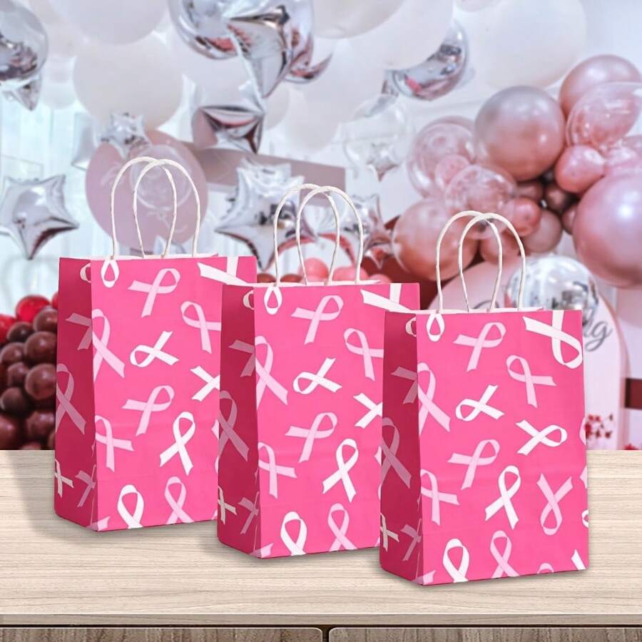 Pink Ribbon Breast Cancer Awareness Theme Paper Gift Bag, Sturdy Kraft Paper Party Favor Bag With Twisted Rope Handles, Suitable For Nurses Day Party, Nurses Week Events, Charity Fundraising, Awareness Walk, Pink October, Gift Wrapping And Event Decoration Supplies - Pink - View 1