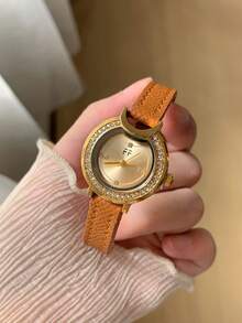 1件優雅棕色PU錶帶金色錶盤水鑽錶圈精緻女款石英手錶，適合日常配戴與送禮 - 棕色 - 查看 2