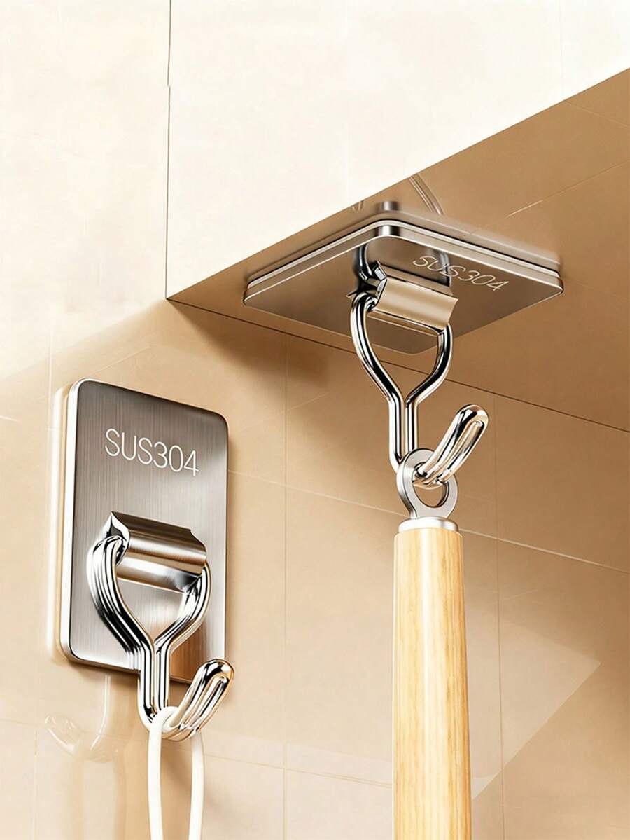4pcs No-Drill Heavy Duty Stainless Steel Hooks, Thick Adhesive Wall Hooks For Kitchen And Bathroom Storage - Multicolor - View 1