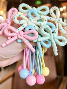 5/1pc Cartoon Bow Macaron Hair Ties, Colorful Polka Dot Candy Color Hair Bands, High Elasticity Ponytail Hair Clips, No Damage Hair Accessories, Firm Hold, Suitable For Daily Use, Random Color - Multicolor - View 1