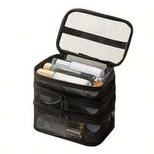 Nylon Mesh 3-Layer Makeup Bag, Large Capacity Multi-Compartment Storage Bag, Multi-Function Toiletry Bag - Black - View 9