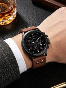 3/5PCS Men's Business Casual Watch Gift Set, Calendar Watch + Keychain + Pen + Brown Glasses + Embossed Wallet, Perfect Gift For Daily Wear And Gifting - Mouldless - View 2