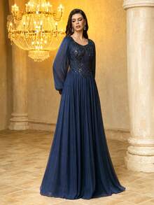 SUPGIR Women's Sweetheart Neckline Sequin Patchwork Lantern Sleeve Fitted Faux Silk Elegant Evening Gown - Navy Blue - View 1