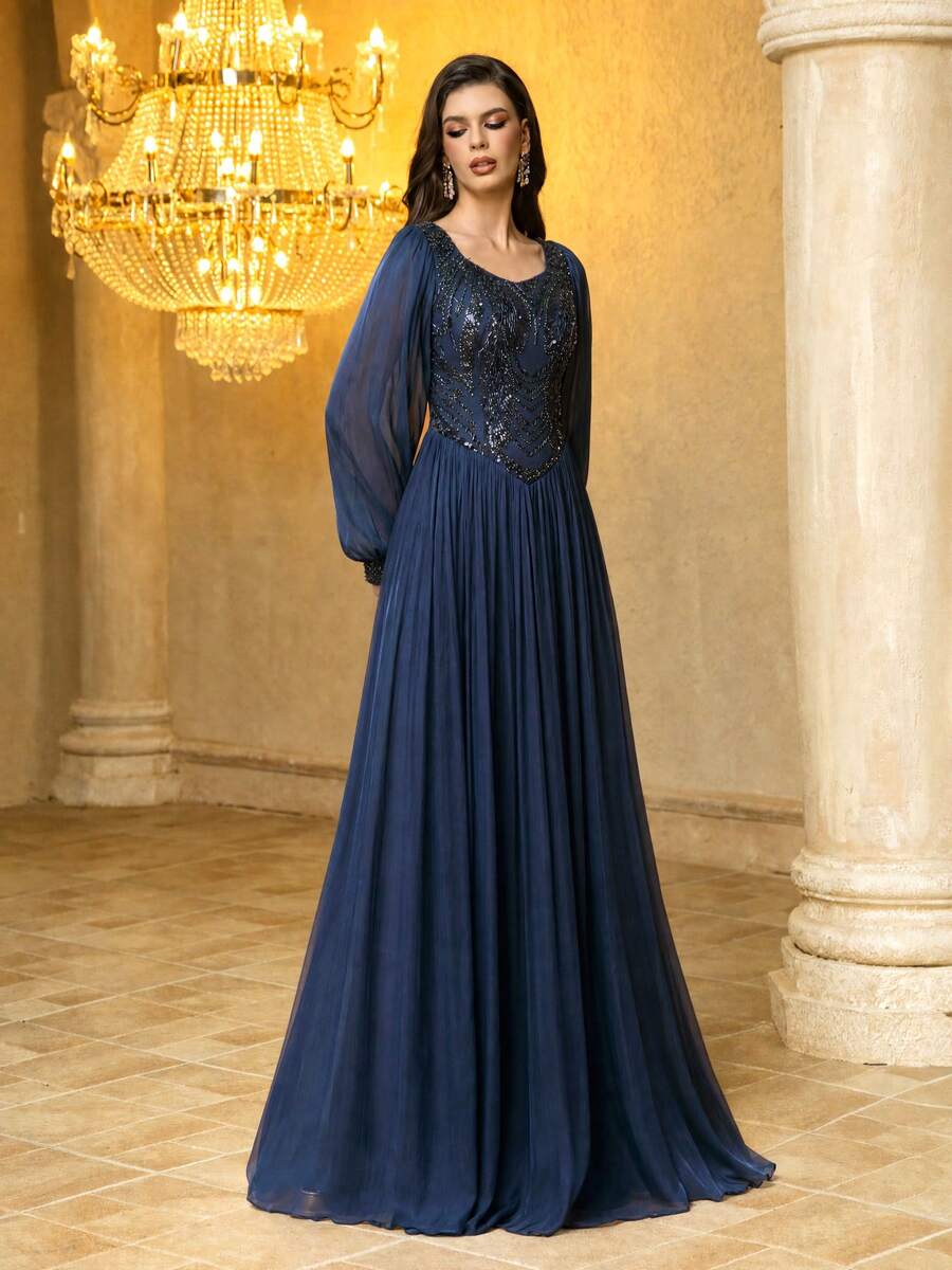 SUPGIR Women's Sweetheart Neckline Sequin Patchwork Lantern Sleeve Fitted Faux Silk Elegant Evening Gown - Navy Blue - View 1