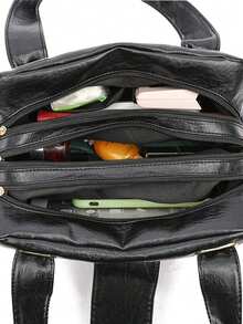 Women's Solid Color Pu Simple Lightweight Classic Multi-Functional Handbag - Black - View 5