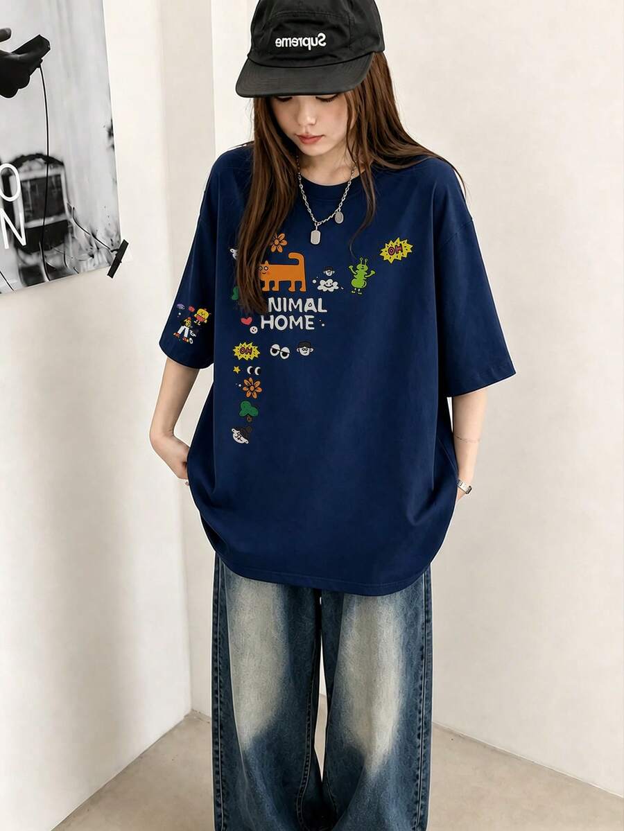 Kaos Wanita Kasual Leher Bulat Longgar Lengan Pendek Motif Huruf Kartun, Musim Semi/Panas - Navy Blue - View 1