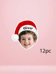 6/12/24pcs Customized Christmas Santa Hat Children Stickers, Personalized Photo And Name Custom Stickers, Christmas Party Gift Bags, Candy Jar Decoration Stickers - Multicolor - View 9