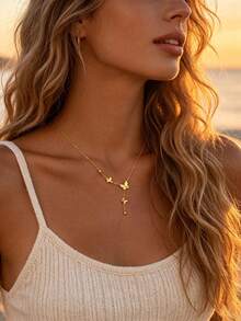 Light Luxury Y-Shaped Butterfly Tassel Gold Collarbone Necklace, Niche High-End Stainless Steel Neck Chain For Women, Dynamic Three-Piece Butterfly Pendant Design, Gentle Exquisite Adjustable Chain, Minimalist Versatile Accessory, Suitable For Commute, Date, Party And More - Butterfly Pendant Necklace - View 4