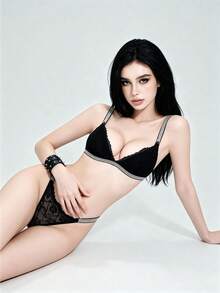 Lounge Court 1set Women's Sexy Black Deep V Lace Lingerie Set With Silver Threads, Includes Bra And Panty Two Pieces Set Women Set - Black - View 5