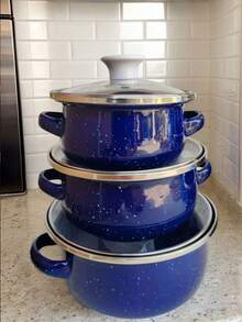 3 Pieces Multi-Function Enamel Cookware Set, Lightweight And Portable, With Glass Lids, Includes Soup Pot, Stew Pot And Non-Stick Pan, Easy To Clean, Suitable For Gas Stoves And Induction Cooktops, Durable, Essential For Home And Restaurant Kitchens - Multicolor Soup Pot - View 7