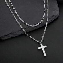 2Pcs/Set Fashion Golden/Silvery Cross Pendant Stainless Steel Chain Layered Necklaces For Men - Cross - View 3
