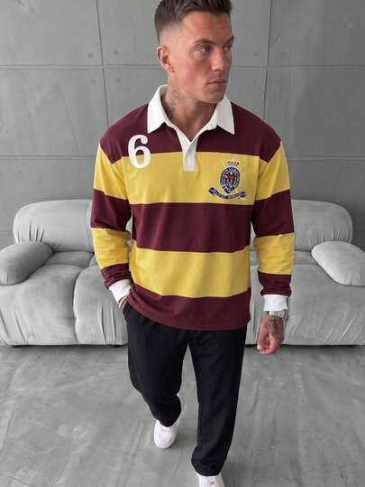College Style Contrast Color Striped Men's Long Sleeve Polo Retro Rugby Jersey Badge Versatile Casual Top