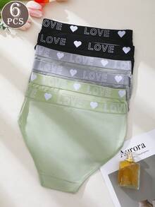 6pcs Women's Panties Triangle Briefs Fitted Underwear Solid Color Basic Style Love Letter Print Waistband Multicolor - Multicolor - View 8
