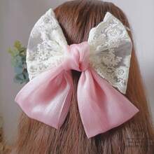 1pc Pink French Lace Stitching Pearl Bow Hair Clips, Elegant Shiny Bow Hair Clips For Women, Daily Party Holiday Style. - Multicolor - View 2