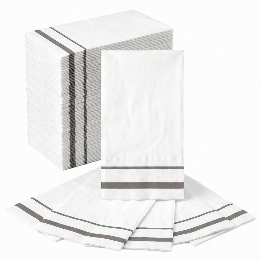 White Disposable Paper Napkins, Elegant Silver Stripe Lunch & Cocktail Napkins For Wedding Reception, Bridal Shower, Birthday, Anniversary, Baby Shower, Dinner Party And Table Decorations - Style 1 - View 1