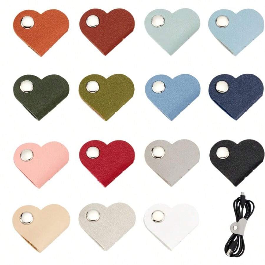 1pc Mixed Color Heart-Shaped Data Cable Storage Box, Earphone Cable Winder Storage Box, PU Leather Cable Organizer, Unisex Gift, Anti-Loss Cable Winder, Bohemian Style, Recommended 1-2 Cables Per Box - Multicolor - View 1