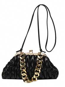 1pc Black Fashion Pleated Clasp Evening Bag, Handbag, Chain Bag, Crossbody Shoulder Bag For Women - Black - View 9