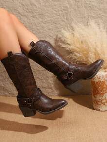 Women's Pointed Toe Western Cowboy Mid-Calf Boots, Silver Studs Decoration, Split Shaft With Pull Tab, Vintage Distressed Chunky High Heel Mid-Calf Boots, Suitable For Commuting, Gatherings, Parties And Other Occasions - Brown - View 5