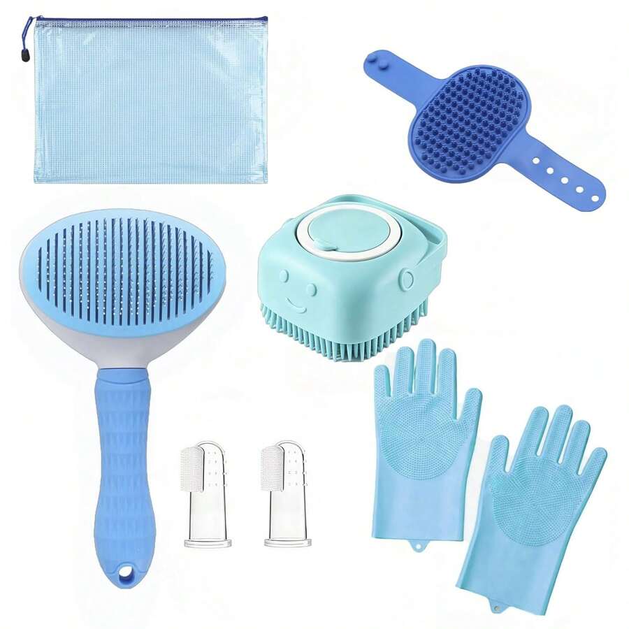 7Pcs Dog Grooming Kit, Pet Bath Supplies Deshedding Brush Dogs Cats - Blue - View 1
